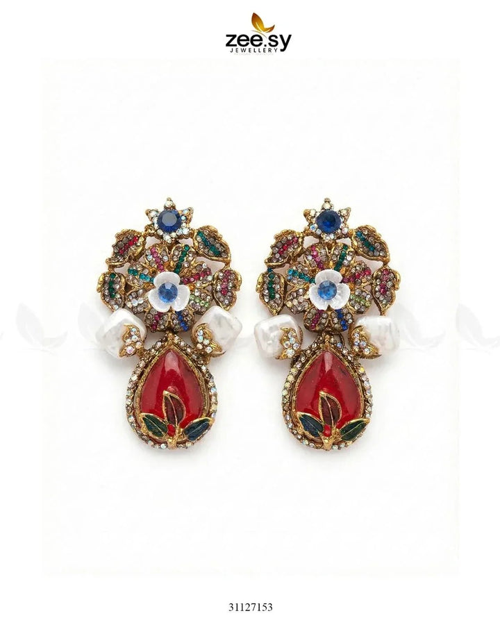 Roszir Pearl Drop Earrings Ruby Earrings - Zeesy Jewellery Pakistan | Premium Artificial & Imitation Jewellery