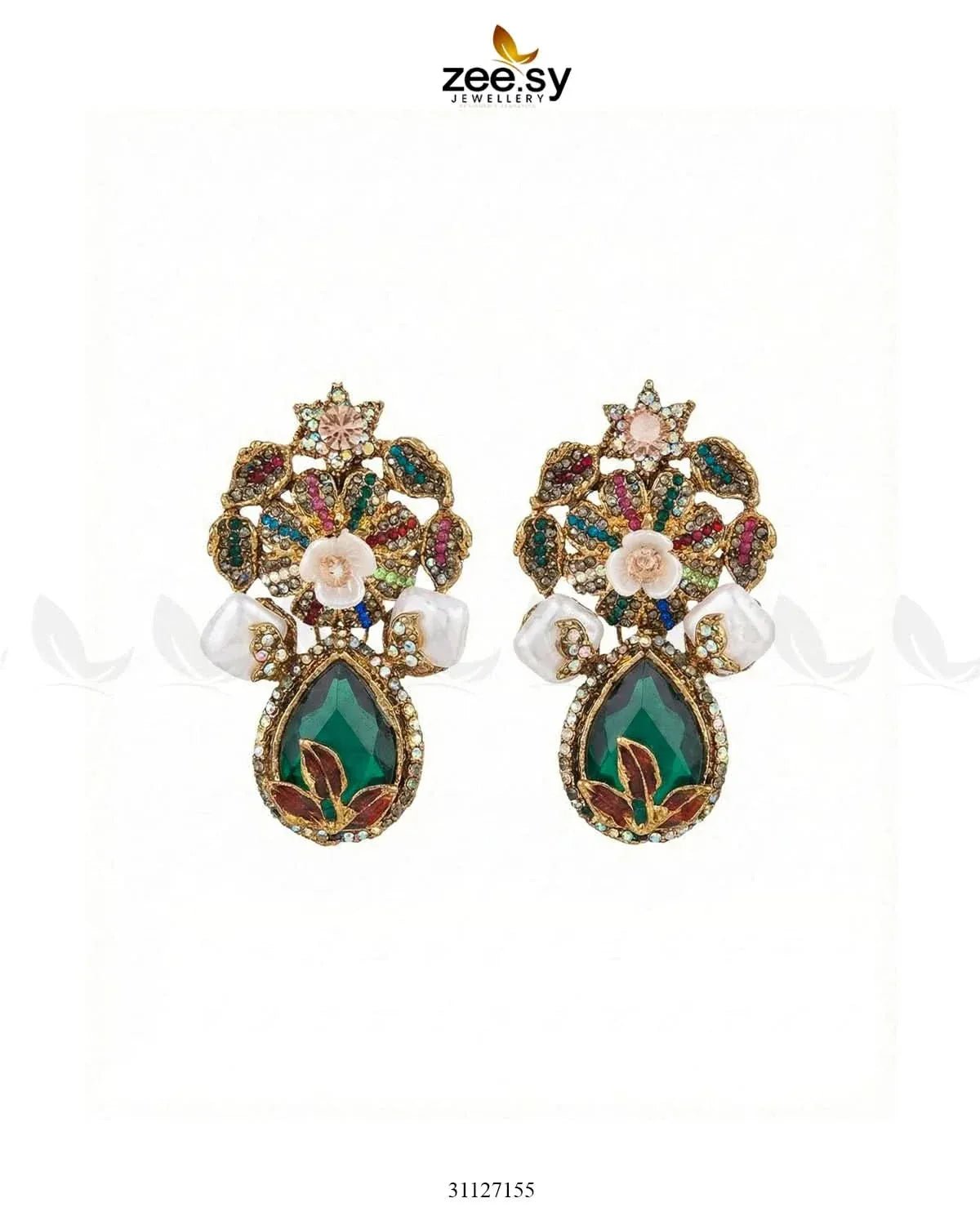 Roszir Pearl Drop Earrings Green Earrings - Zeesy Jewellery Pakistan | Premium Artificial & Imitation Jewellery