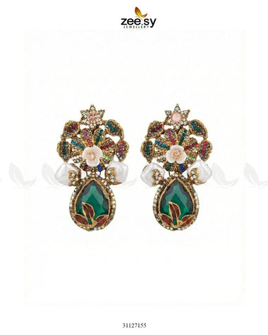 Roszir Pearl Drop Earrings Green Earrings - Zeesy Jewellery Pakistan | Premium Artificial & Imitation Jewellery