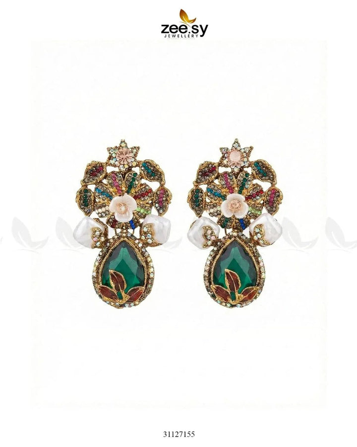 Roszir Pearl Drop Earrings Green Earrings - Zeesy Jewellery Pakistan | Premium Artificial & Imitation Jewellery