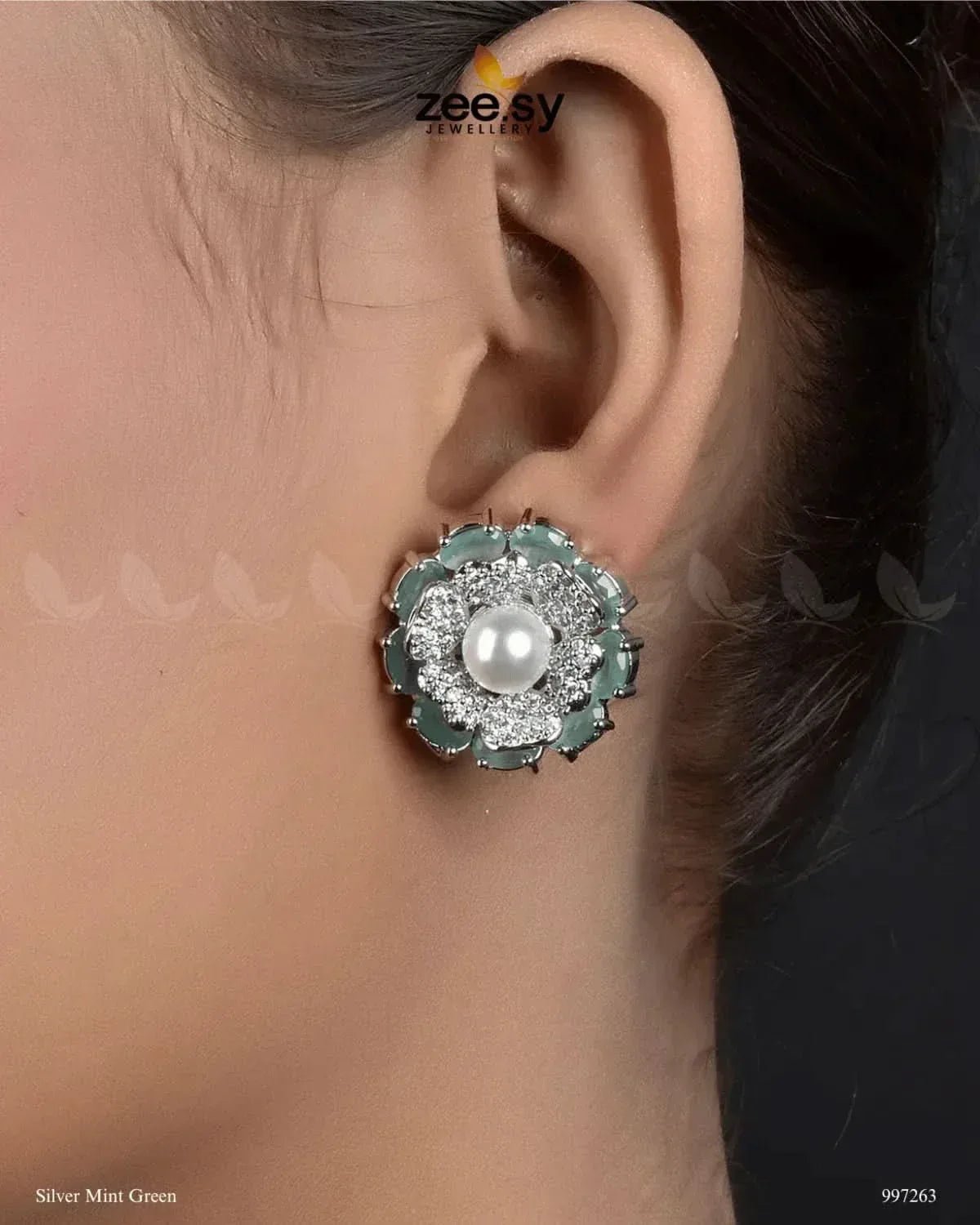 Juvela Earrings Silver Mint Green Earrings - Zeesy Jewellery Pakistan
