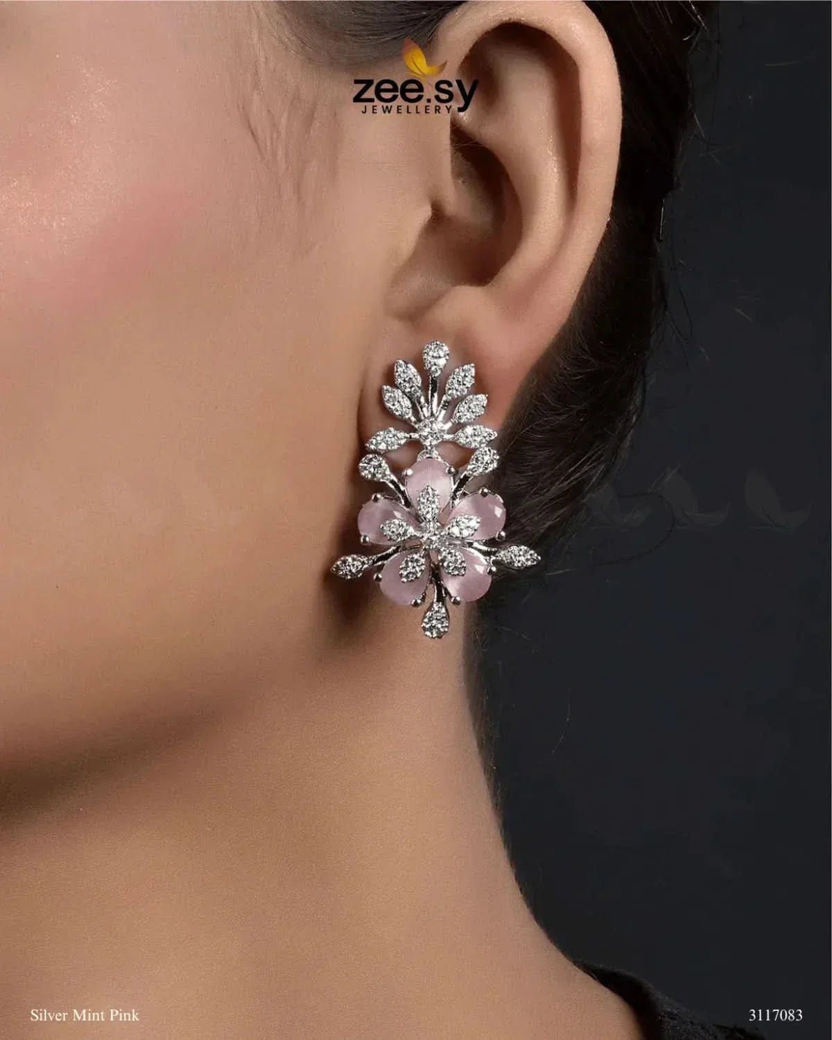 Flora Earrings Silver Mint Pink Earrings - Zeesy Jewellery Pakistan | Premium Artificial & Imitation Jewellery