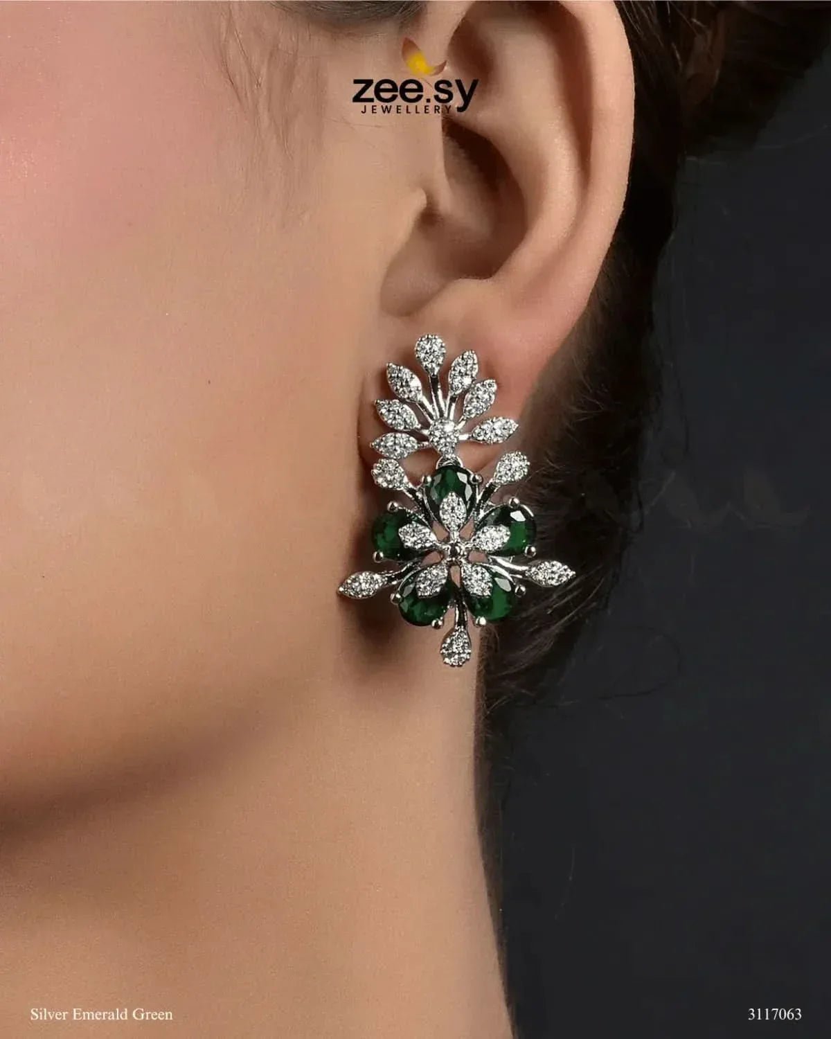 Flora Earrings Silver Emerald Green Earrings - Zeesy Jewellery Pakistan | Premium Artificial & Imitation Jewellery