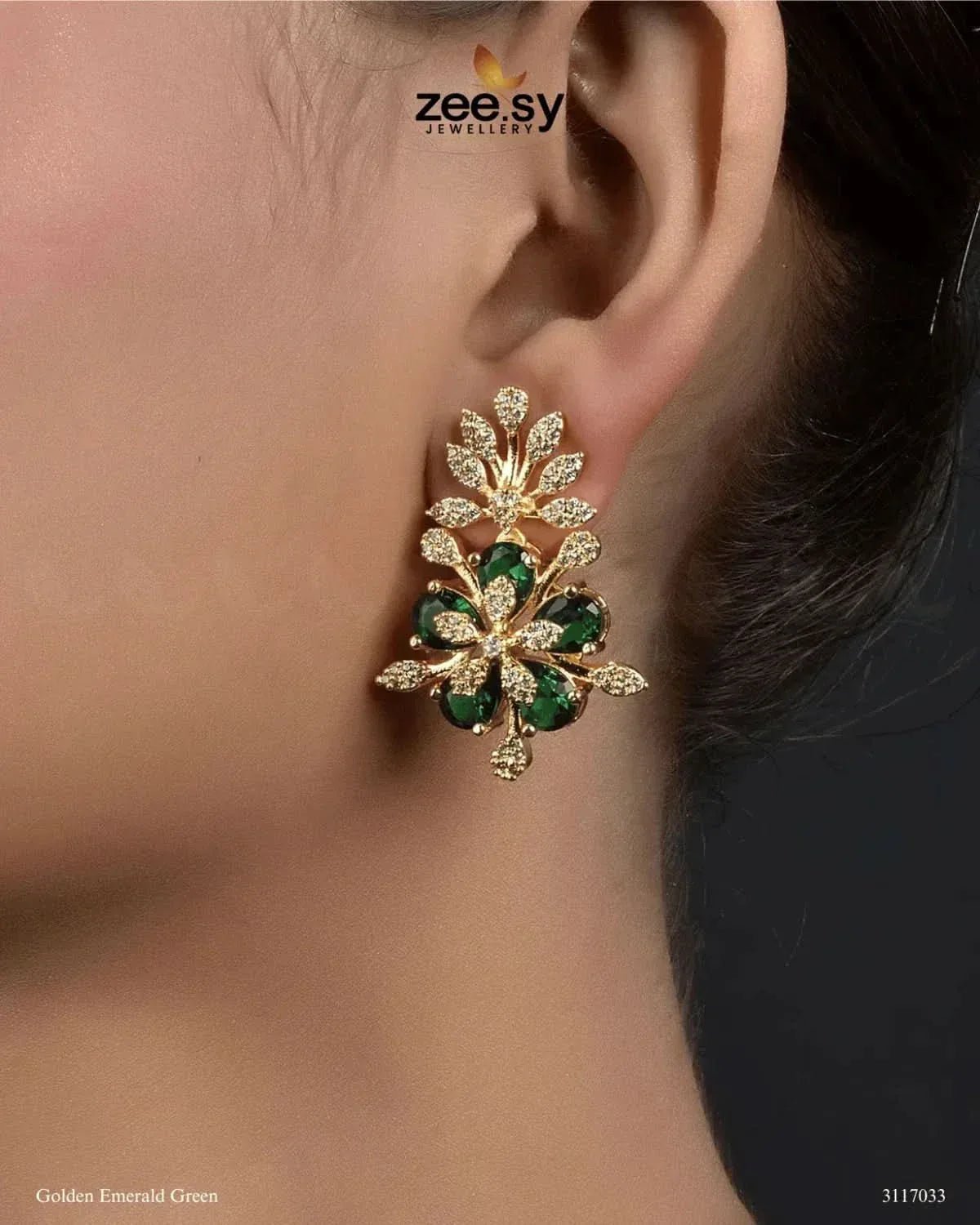 Flora Earrings Golden Emerald Green Earrings - Zeesy Jewellery Pakistan | Premium Artificial & Imitation Jewellery