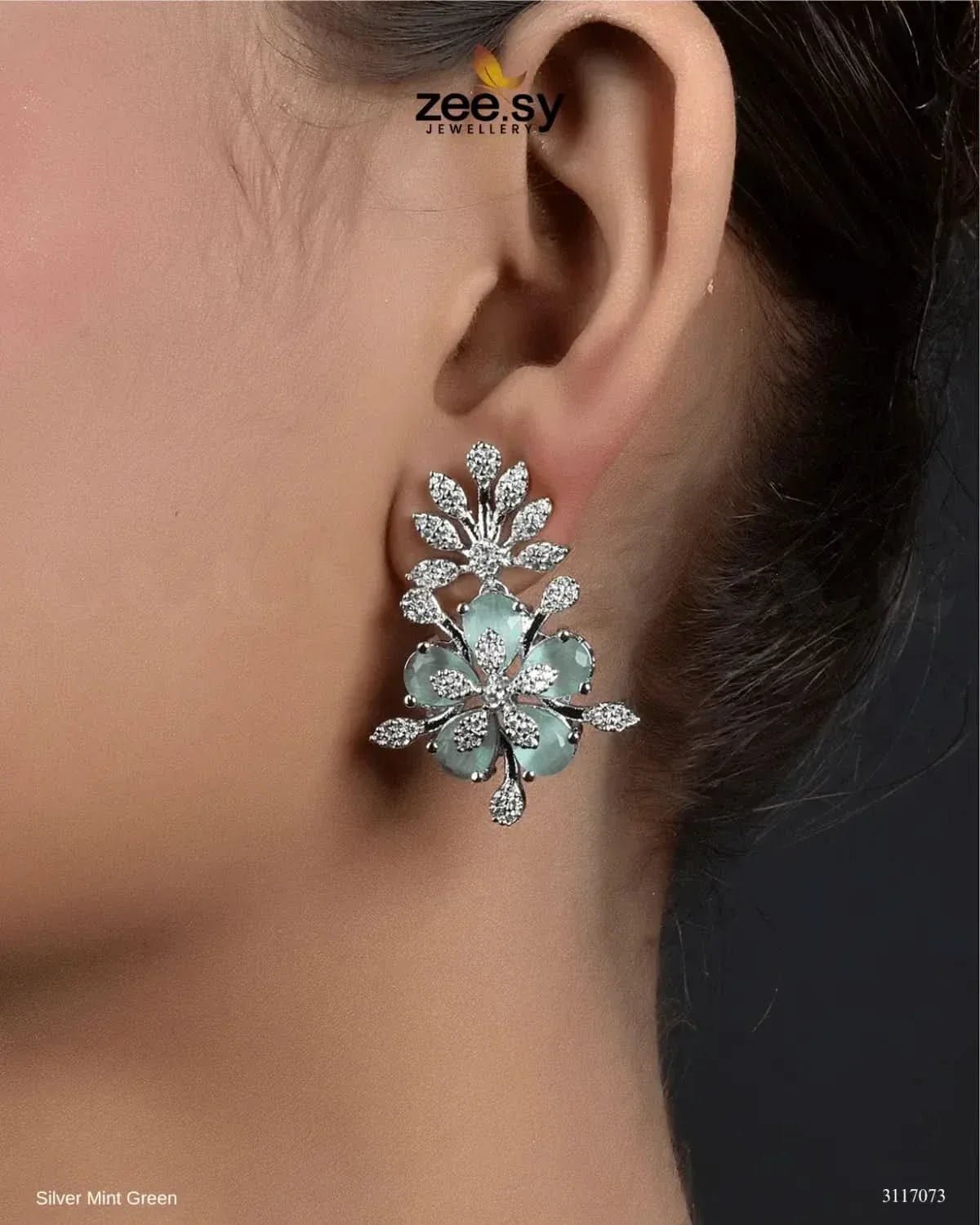Flora Earrings Silver Mint Green Earrings - Zeesy Jewellery Pakistan | Premium Artificial & Imitation Jewellery