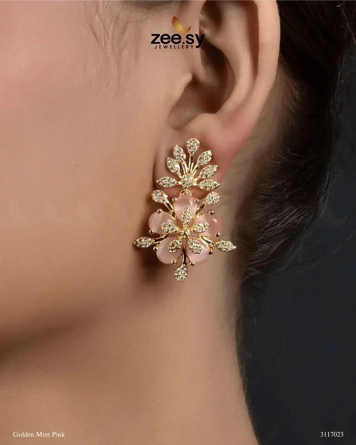 Flora Earrings Golden Mint Pink Earrings - Zeesy Jewellery Pakistan | Premium Artificial & Imitation Jewellery