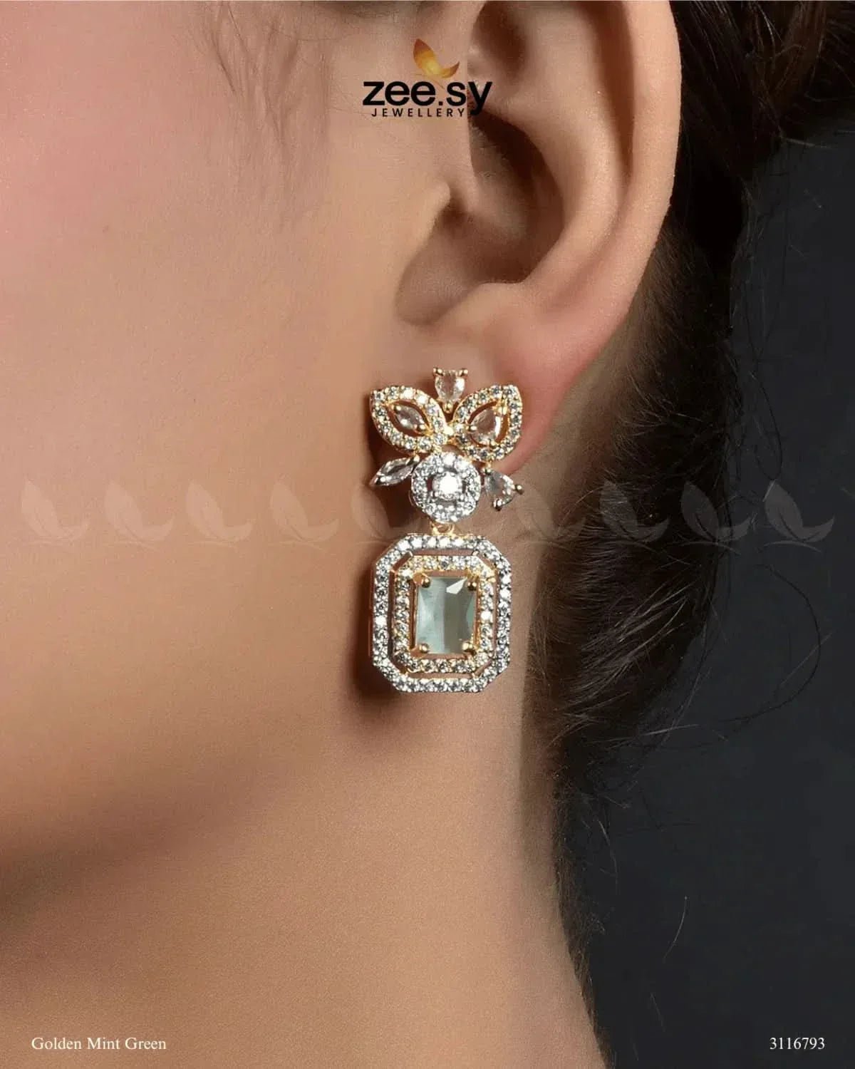 Vinca Earrings Golden Mint Green Earrings - Zeesy Jewellery Pakistan | Premium Artificial & Imitation Jewellery