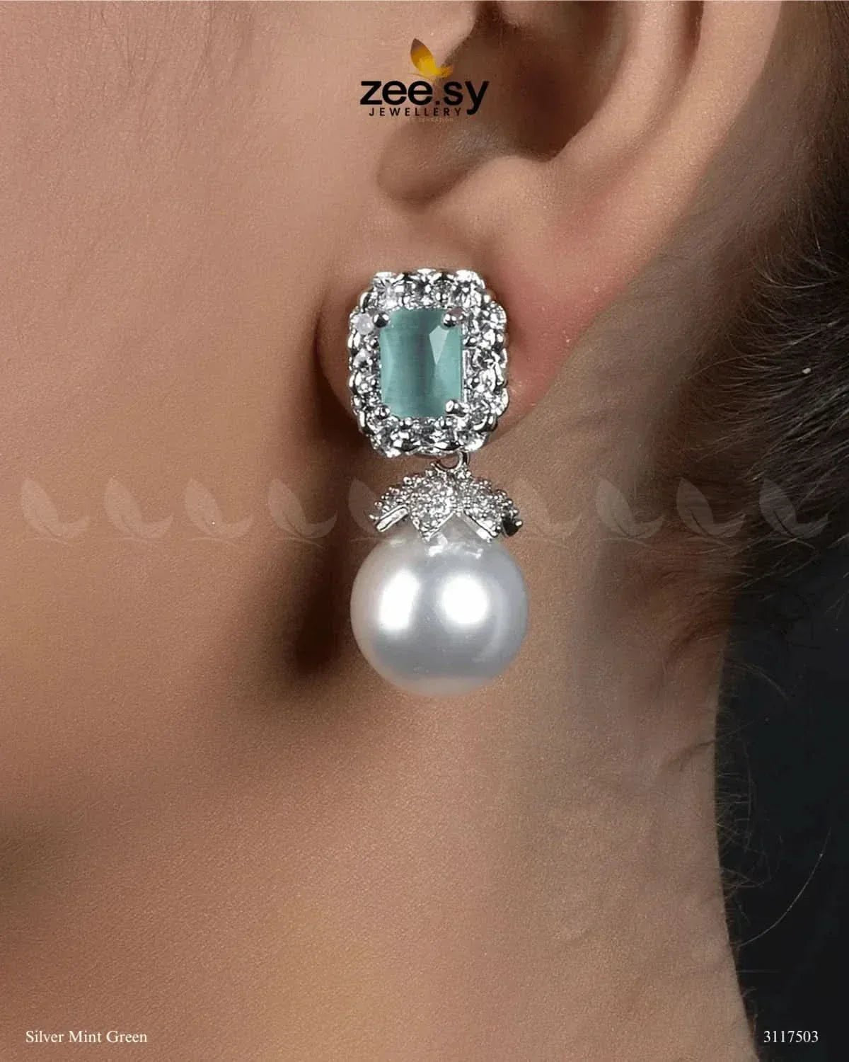 Girik Pearl Earrings Silver Mint Green Earrings - Zeesy Jewellery Pakistan | Premium Artificial & Imitation Jewellery
