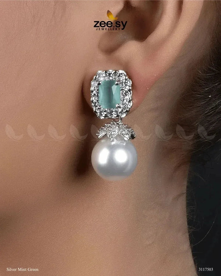 Girik Pearl Earrings Silver Mint Green Earrings - Zeesy Jewellery Pakistan | Premium Artificial & Imitation Jewellery