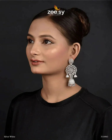 Hollyhock Earrings Silver White Earrings - Zeesy Jewellery Pakistan | Premium Artificial & Imitation Jewellery