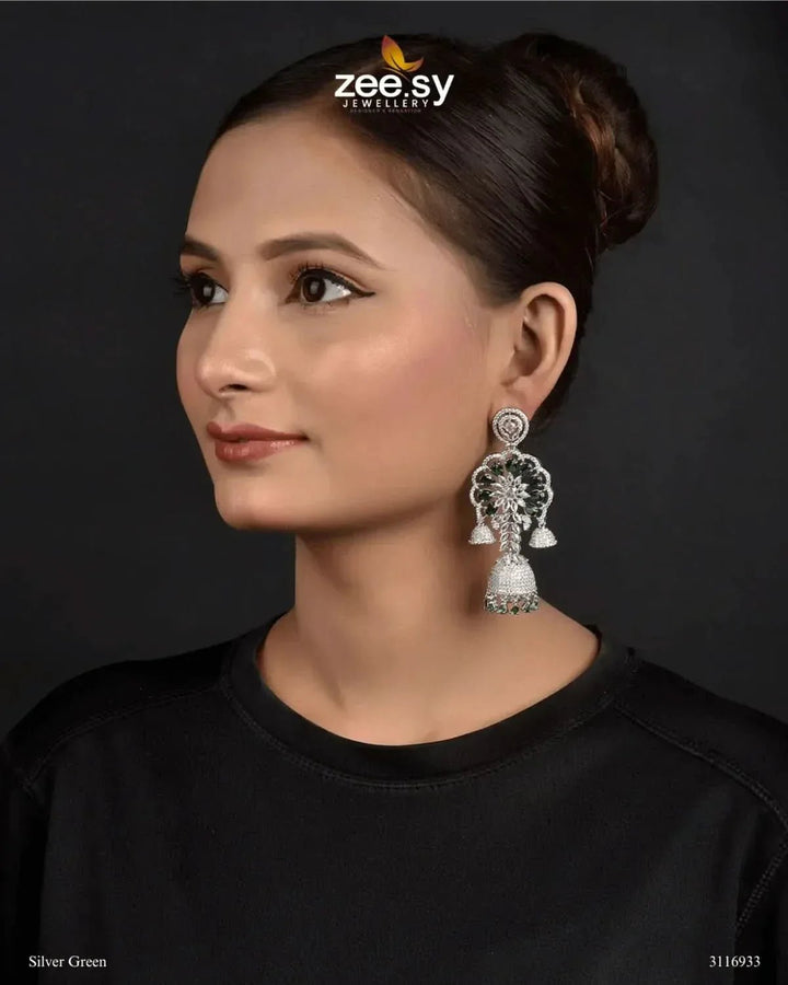 Hollyhock Earrings Silver Green Earrings - Zeesy Jewellery Pakistan | Premium Artificial & Imitation Jewellery