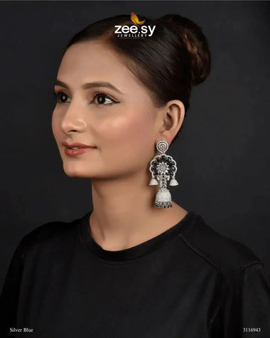 Hollyhock Earrings Silver Blue Earrings - Zeesy Jewellery Pakistan | Premium Artificial & Imitation Jewellery