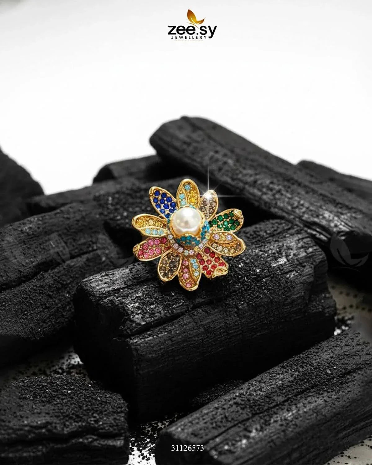 Floral Art Cluster Pave Ring Finger Ring - Zeesy Jewellery Pakistan | Premium Artificial & Imitation Jewellery