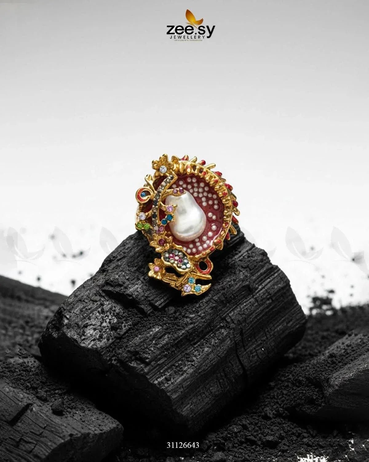 Meenakari Cocktail Baroque Pearl Ring Finger Ring - Zeesy Jewellery Pakistan | Premium Artificial & Imitation Jewellery