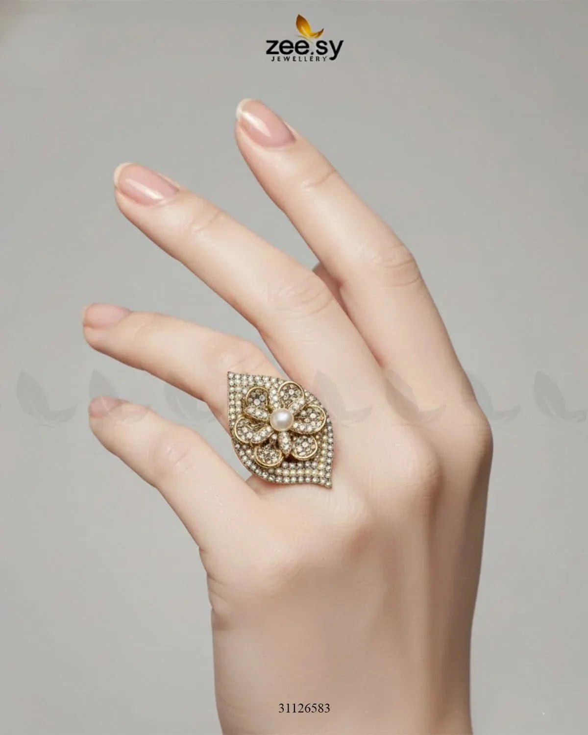 Starlit Leaf Cluster Pave Ring Finger Ring - Zeesy Jewellery Pakistan | Premium Artificial & Imitation Jewellery