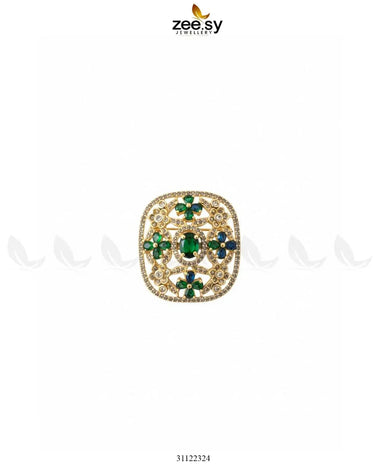 Heirloom Square Filigree Ring Golden Green Finger Ring - Zeesy Jewellery Pakistan | Premium Artificial & Imitation Jewellery
