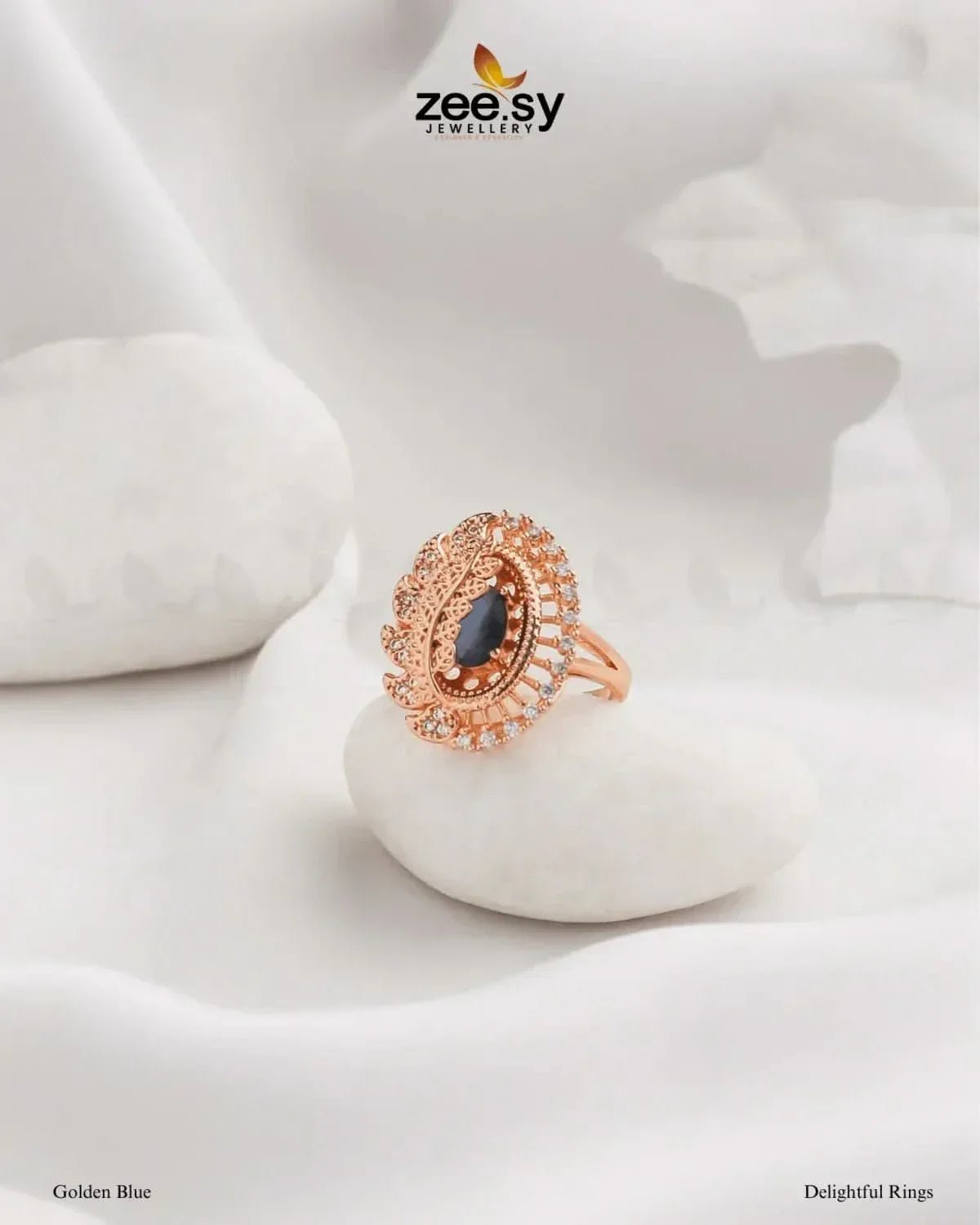 Delightful Ring Golden Blue Finger Ring - Zeesy Jewellery Pakistan | Premium Artificial & Imitation Jewellery