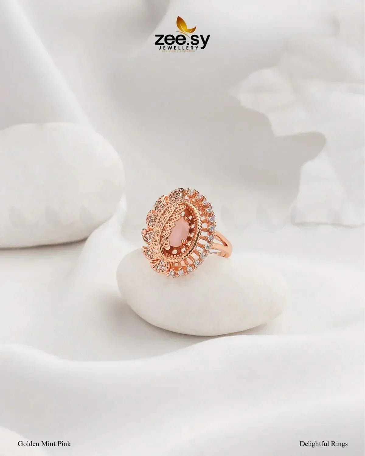 Delightful Ring Golden Mint Pink Finger Ring - Zeesy Jewellery Pakistan | Premium Artificial & Imitation Jewellery