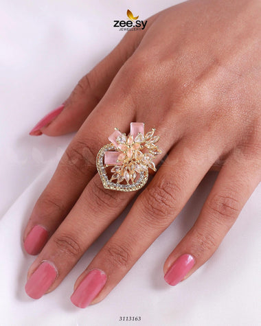 Hoya Floral Zirconia Ring Golden Mint Pink Finger Ring - Zeesy Jewellery Pakistan | Premium Artificial & Imitation Jewellery