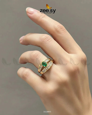 Regal Solitaire Cluster Ring Golden Green Finger Ring - Zeesy Jewellery Pakistan | Premium Artificial & Imitation Jewellery