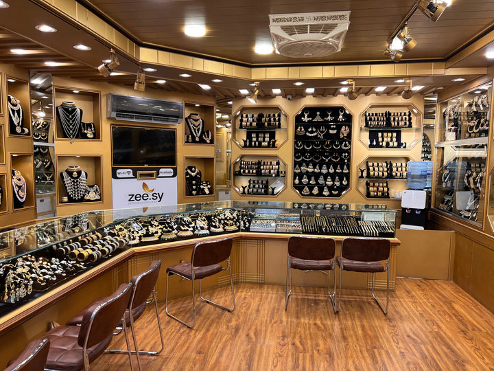 Interior view of Zee.sy Jewellery  with premium artificial jewelry collections on display