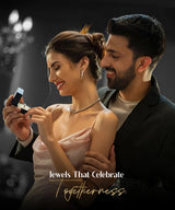 Man proposing to a woman with a ring, surrounded by jewelry, with text 'Jewels That Celebrate Togetherness'.