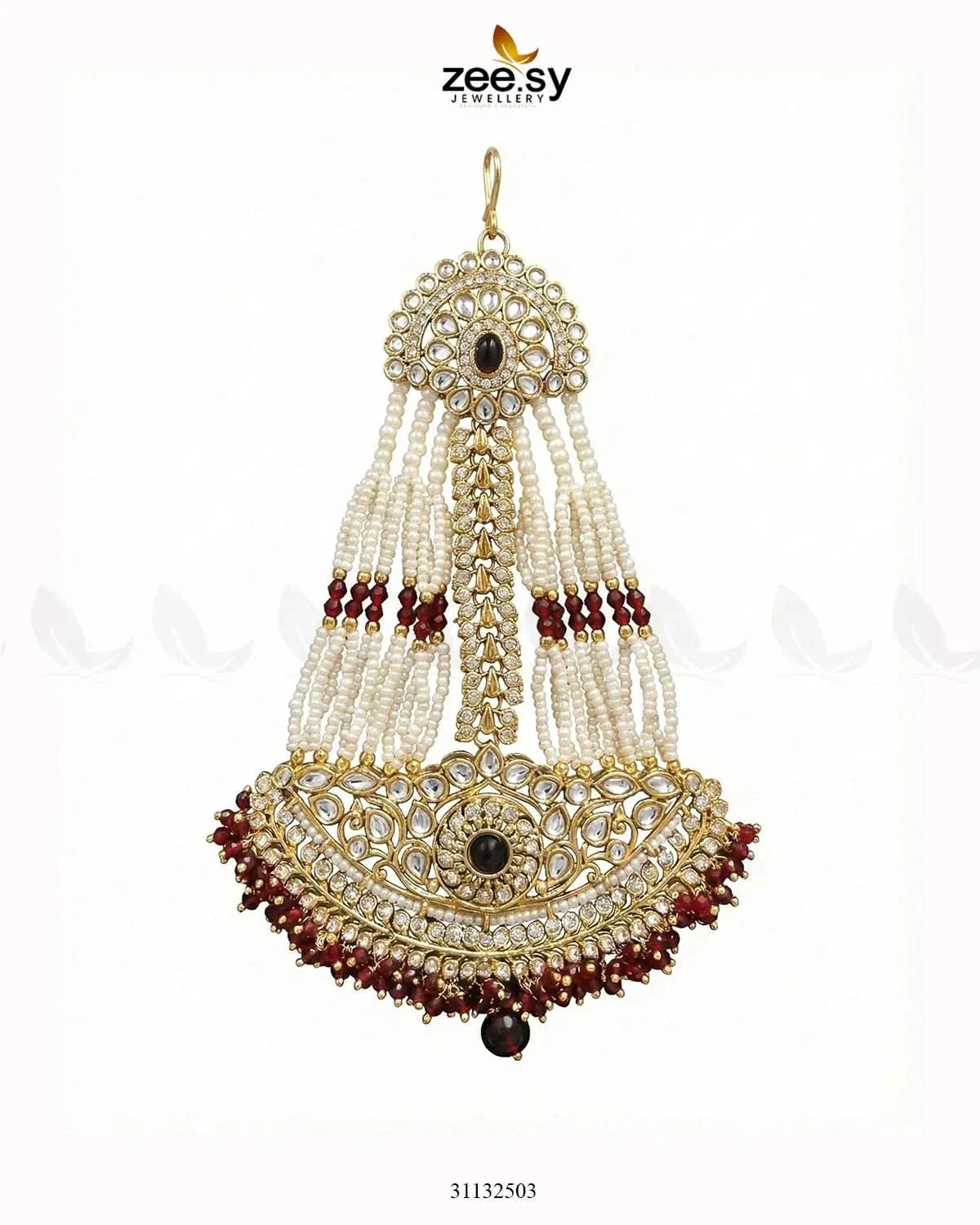 Sharjeena Pearl Kundan jhumar Golden Red jhumar - Zeesy Jewellery Pakistan | Premium Artificial & Imitation Jewellery
