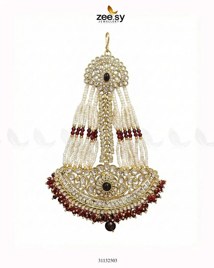 Sharjeena Pearl Kundan jhumar Golden Red jhumar - Zeesy Jewellery Pakistan | Premium Artificial & Imitation Jewellery