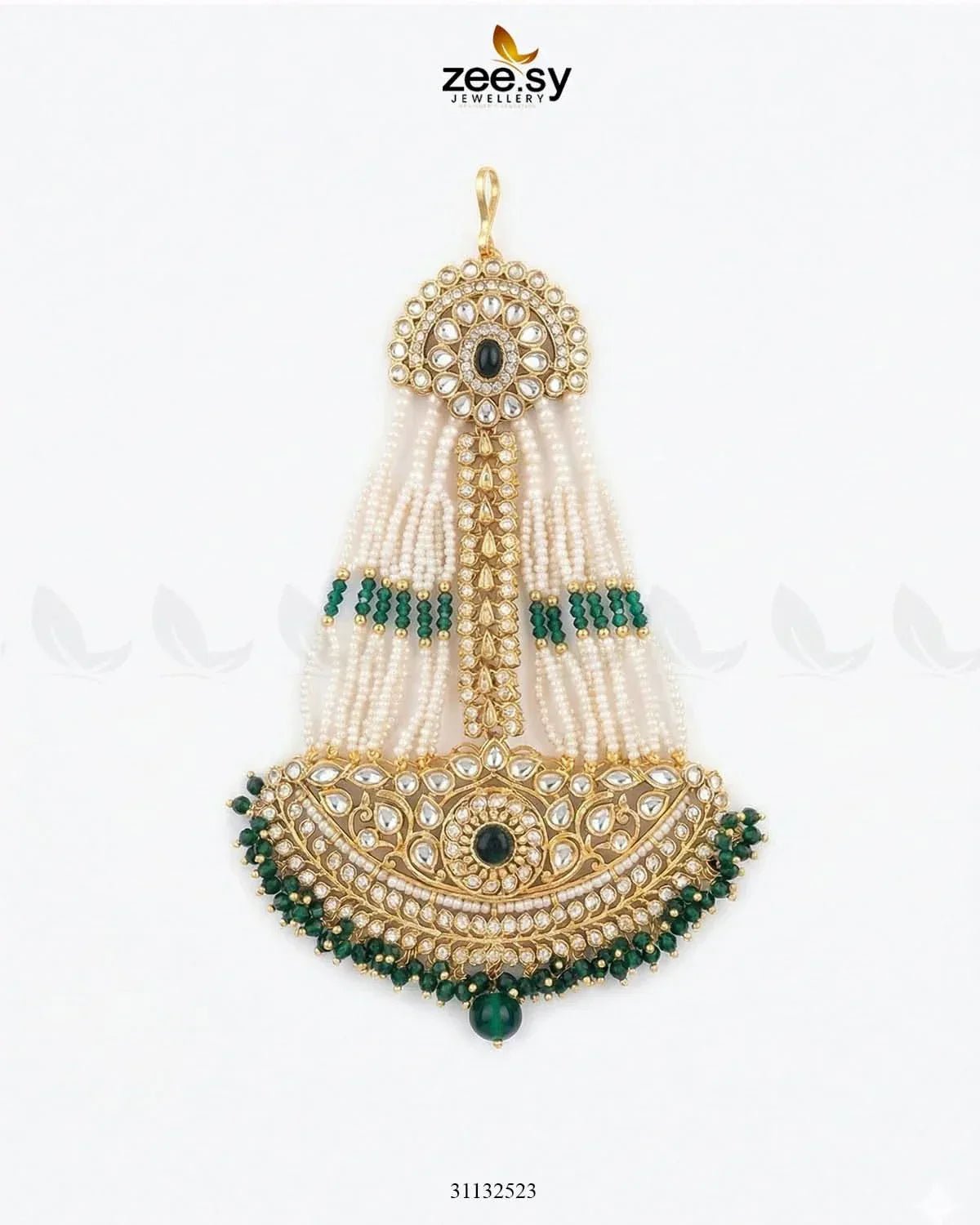 Sharjeena Pearl Kundan jhumar Golden Green jhumar - Zeesy Jewellery Pakistan | Premium Artificial & Imitation Jewellery