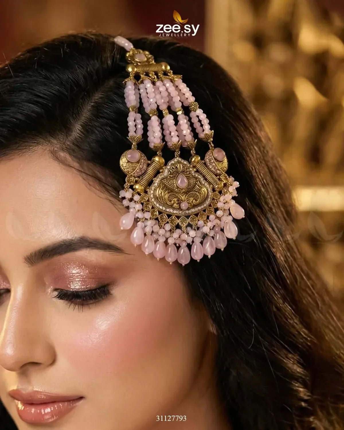 Heritage Blush Beaded Jhumar Golden Mint Pink jhumar - Zeesy Jewellery Pakistan | Premium Artificial & Imitation Jewellery