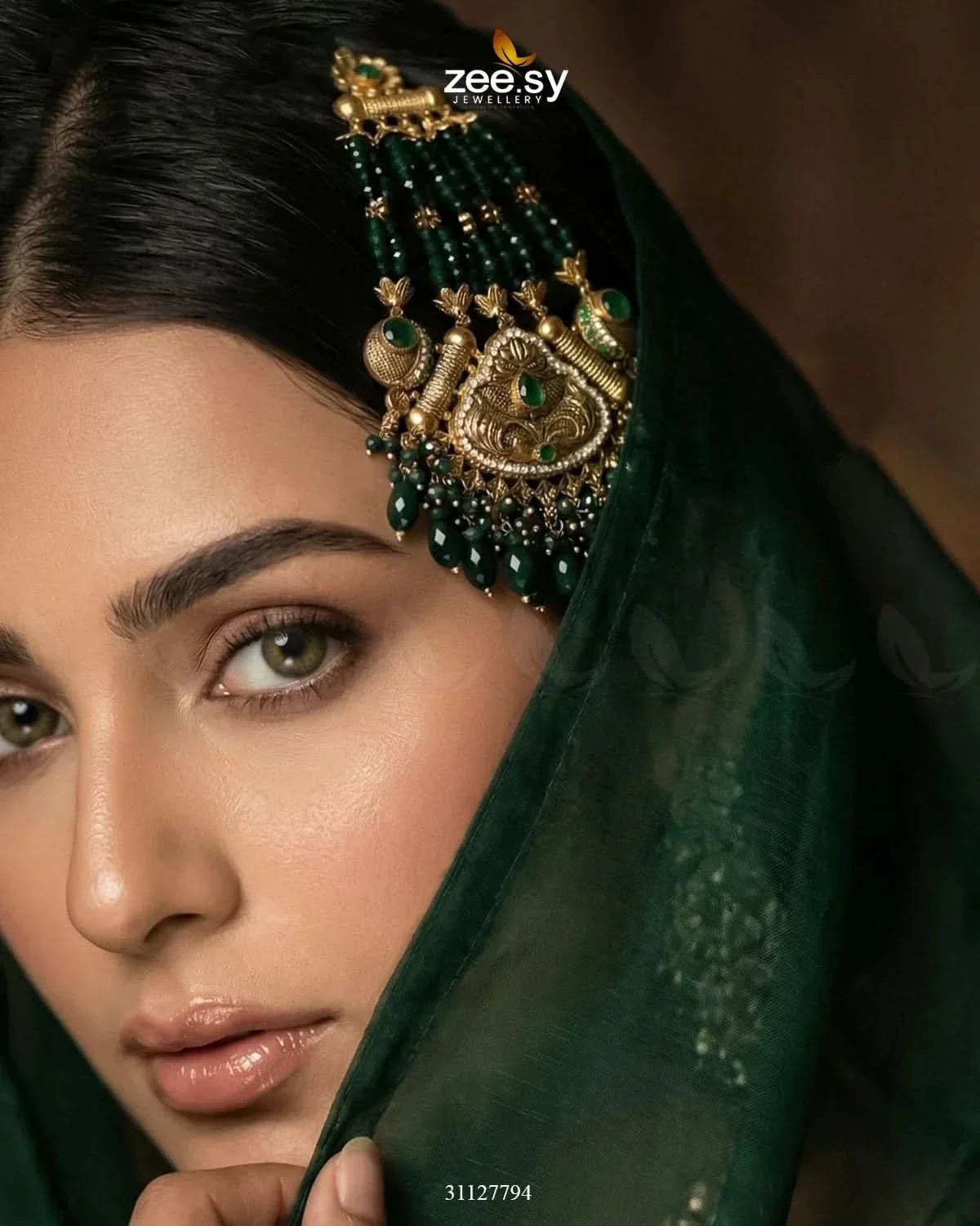 Heritage Blush Beaded Jhumar Golden Green jhumar - Zeesy Jewellery Pakistan | Premium Artificial & Imitation Jewellery