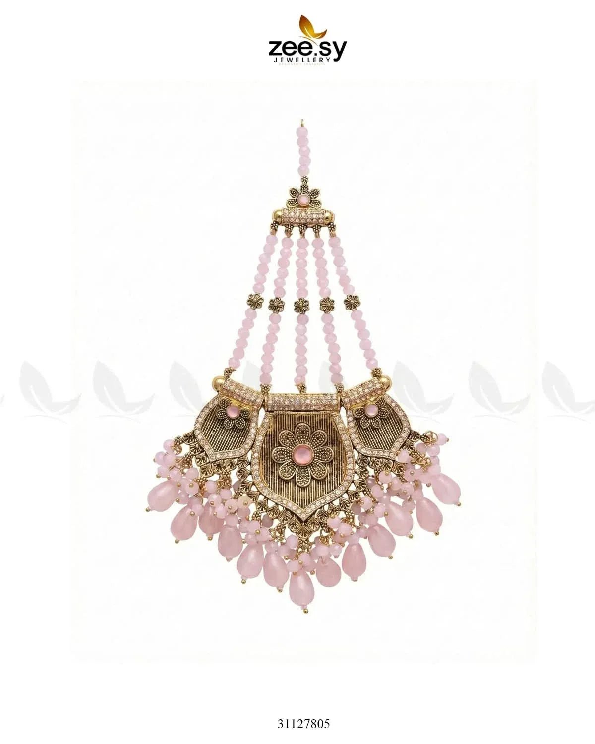 Gulnar Floral Beads Jhumar Golden Mint Pink jhumar - Zeesy Jewellery Pakistan | Premium Artificial & Imitation Jewellery