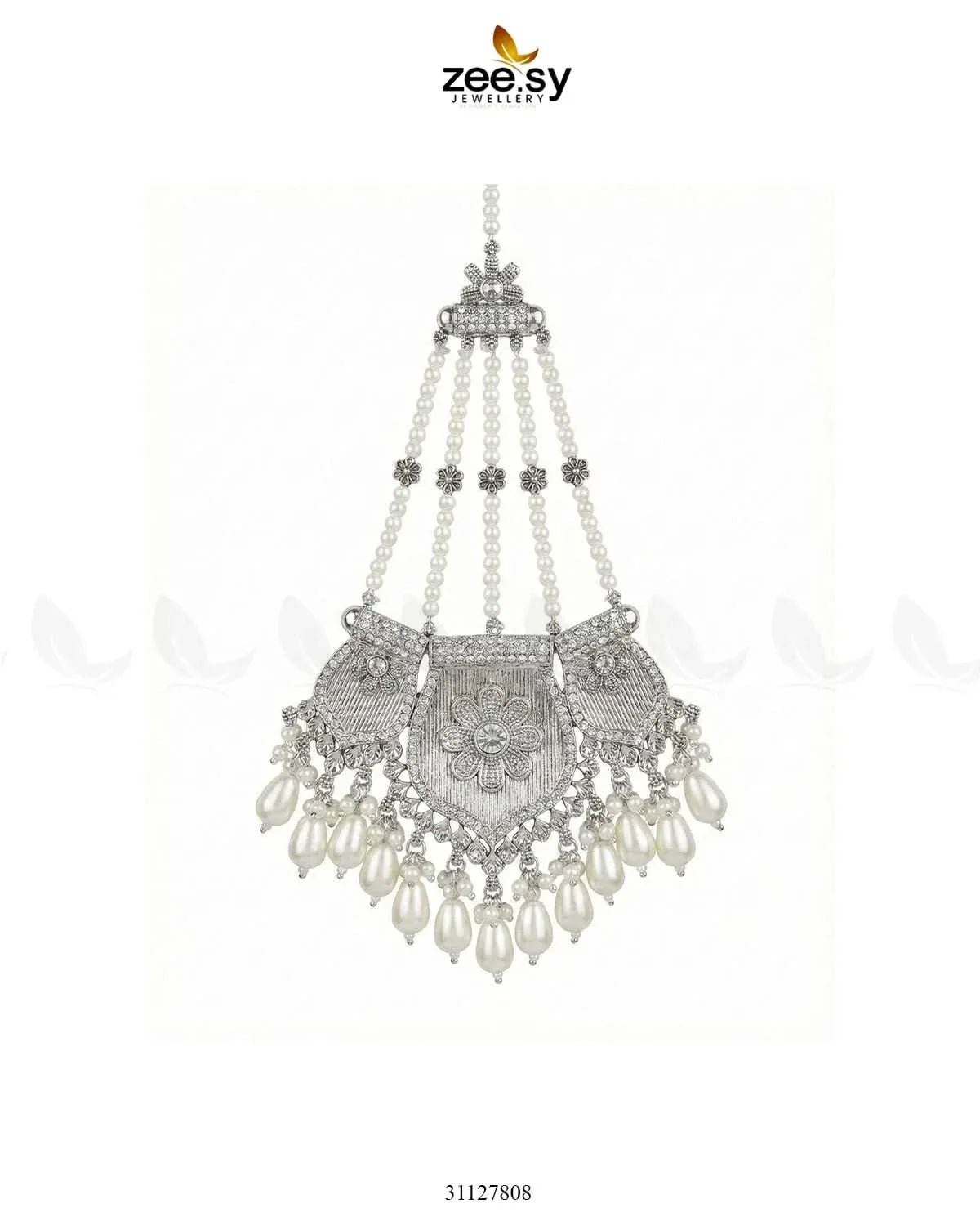 Gulnar Floral Beads Jhumar Silver Pearl jhumar - Zeesy Jewellery Pakistan | Premium Artificial & Imitation Jewellery