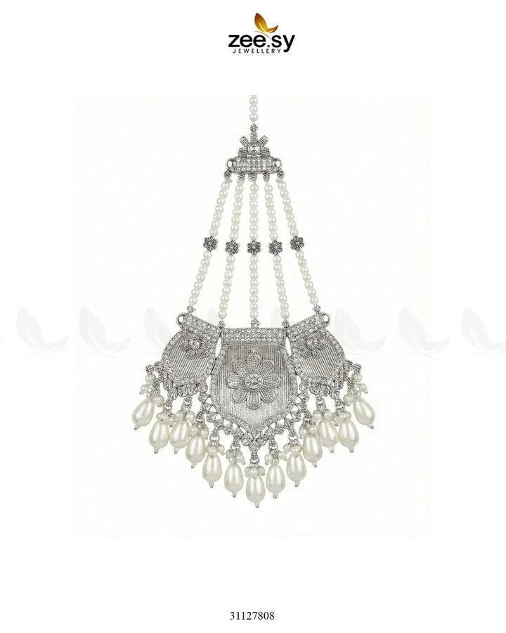 Gulnar Floral Beads Jhumar Silver Pearl jhumar - Zeesy Jewellery Pakistan | Premium Artificial & Imitation Jewellery