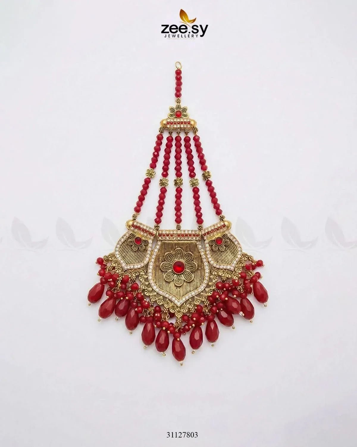 Gulnar Floral Beads Jhumar Golden Red jhumar - Zeesy Jewellery Pakistan | Premium Artificial & Imitation Jewellery