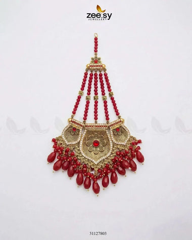 Gulnar Floral Beads Jhumar Golden Red jhumar - Zeesy Jewellery Pakistan | Premium Artificial & Imitation Jewellery
