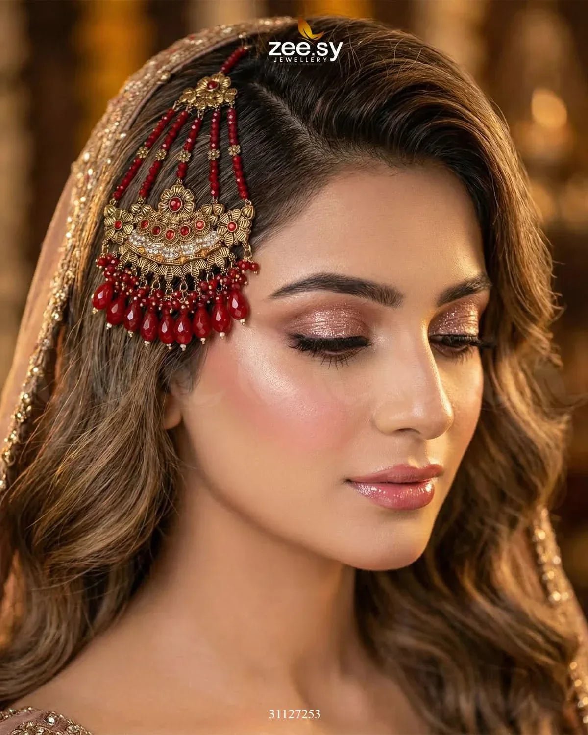 Antique Bloom Pearl Cascade Jhumar Red jhumar - Zeesy Jewellery Pakistan | Premium Artificial & Imitation Jewellery