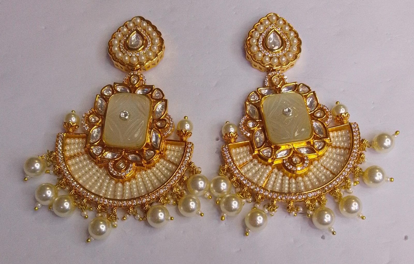 Ivory Carved Kundan Chandbalis Earrings Earrings - Zeesy Jewellery Pakistan | Premium Artificial & Imitation Jewellery