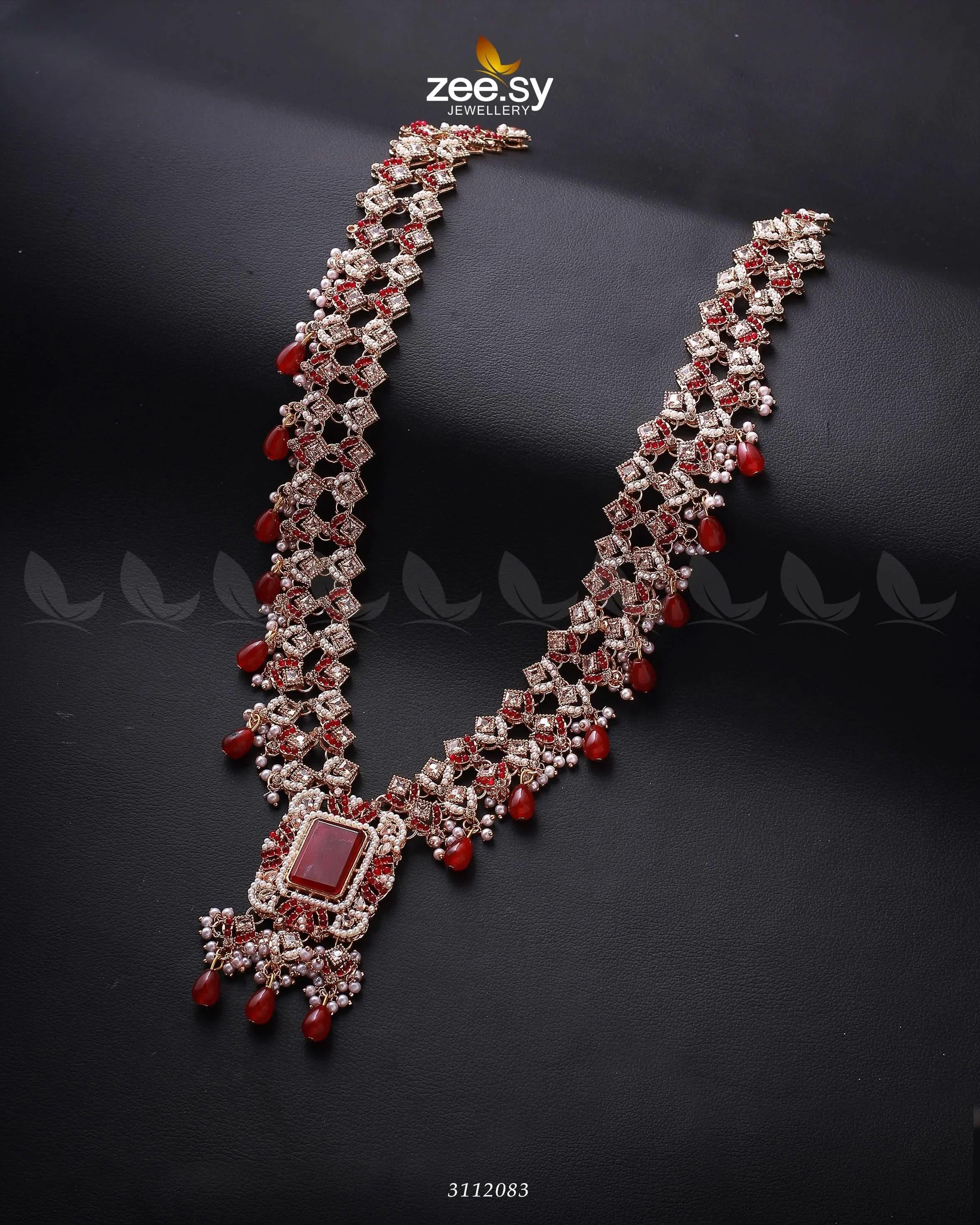 Burro's-tail Long Malla Necklace Golden Red Mala Necklace - Zeesy Jewellery Pakistan | Premium Artificial & Imitation Jewellery