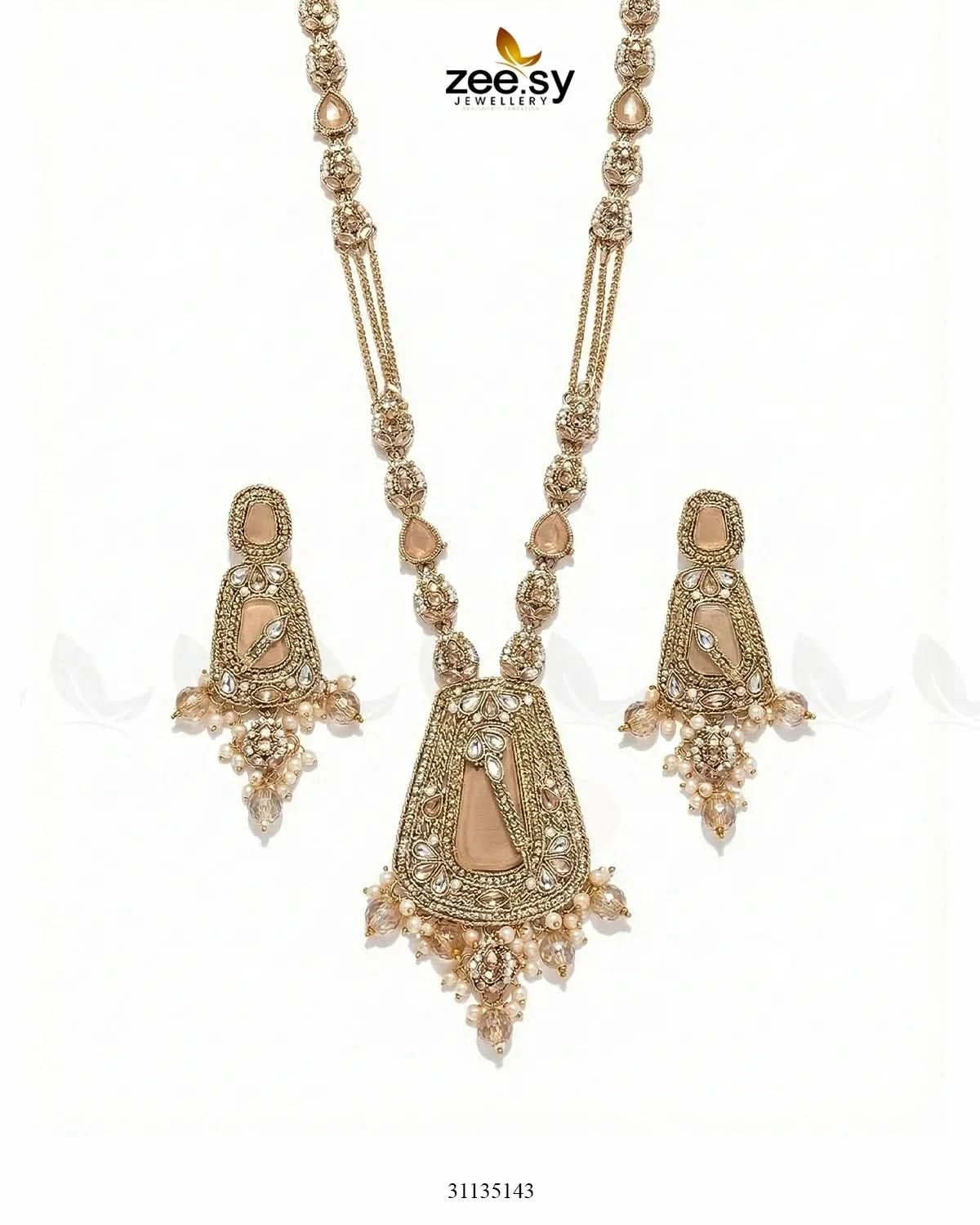 Egyptian Faux Pearl Malla Set Golden Champagne Malla Necklace - Zeesy Jewellery Pakistan | Premium Artificial & Imitation Jewellery