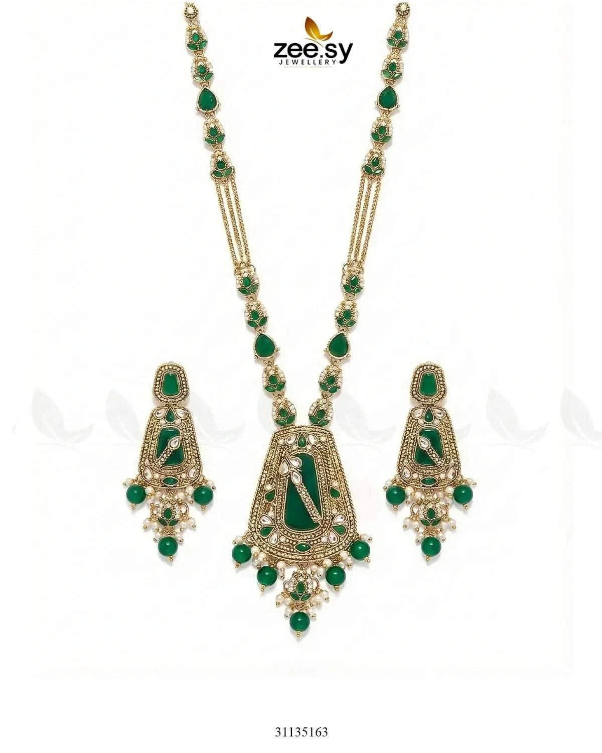 Egyptian Faux Pearl Malla Set Golden Green Malla Necklace - Zeesy Jewellery Pakistan | Premium Artificial & Imitation Jewellery