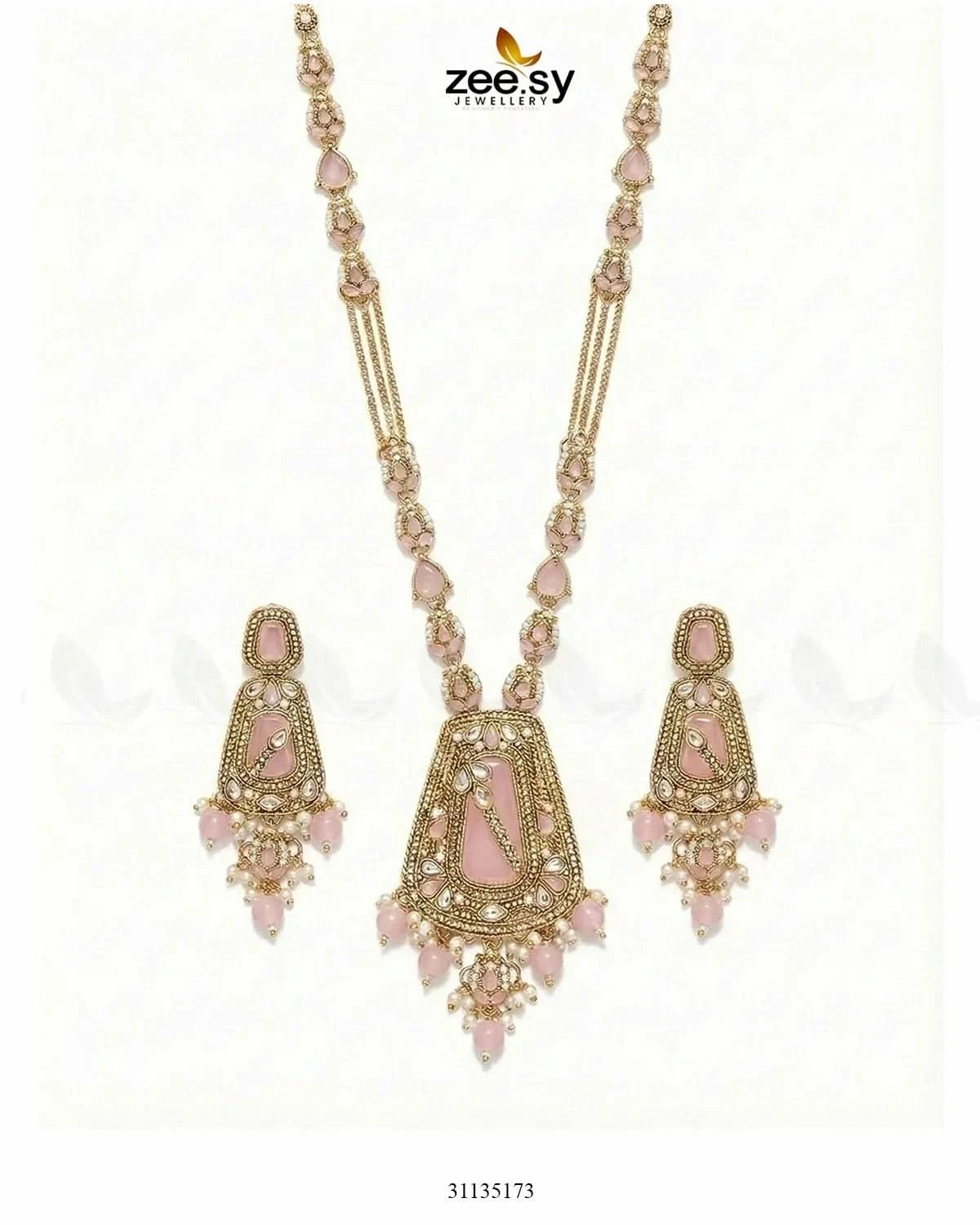 Egyptian Faux Pearl Malla Set Golden Mint Pink Malla Necklace - Zeesy Jewellery Pakistan | Premium Artificial & Imitation Jewellery