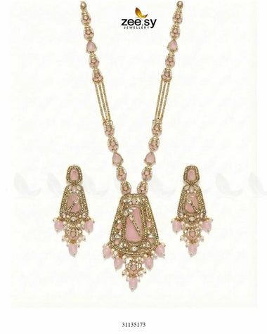 Egyptian Faux Pearl Malla Set Golden Mint Pink Malla Necklace - Zeesy Jewellery Pakistan | Premium Artificial & Imitation Jewellery