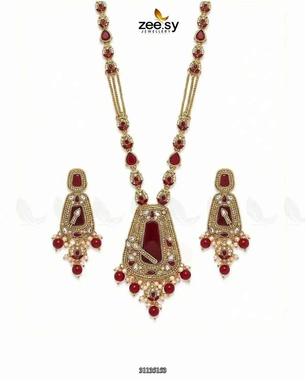 Egyptian Faux Pearl Malla Set Golden Red Malla Necklace - Zeesy Jewellery Pakistan | Premium Artificial & Imitation Jewellery
