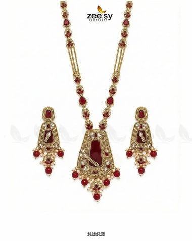 Egyptian Faux Pearl Malla Set Golden Red Malla Necklace - Zeesy Jewellery Pakistan | Premium Artificial & Imitation Jewellery