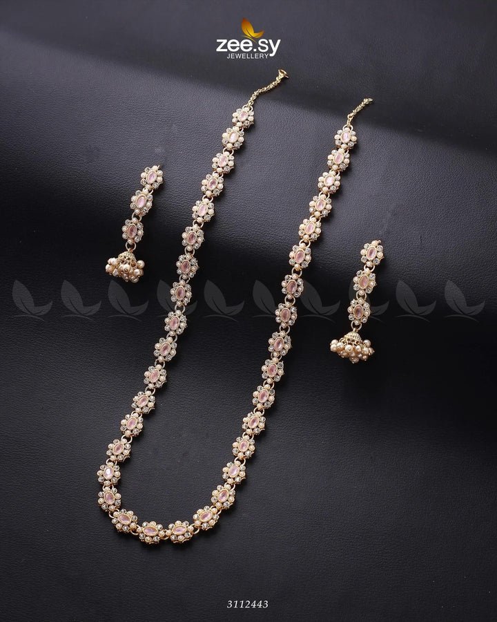 Reema Malla Necklace Golden Mint Pink Malla Necklace - Zeesy Jewellery Pakistan | Premium Artificial & Imitation Jewellery