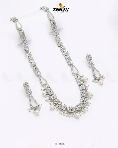 Turkish Floral Malla Necklace Set Silver White Malla Necklace - Zeesy Jewellery Pakistan | Premium Artificial & Imitation Jewellery