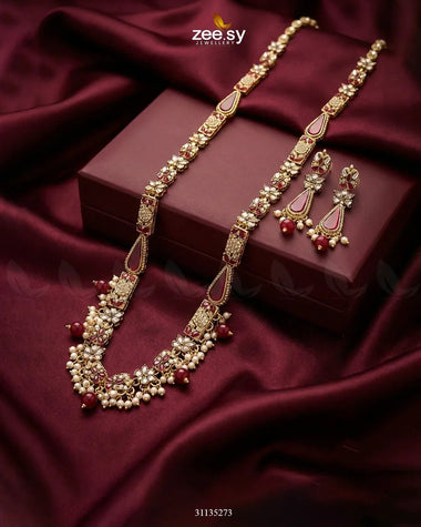 Turkish Floral Malla Necklace Set Golden Red Malla Necklace - Zeesy Jewellery Pakistan | Premium Artificial & Imitation Jewellery