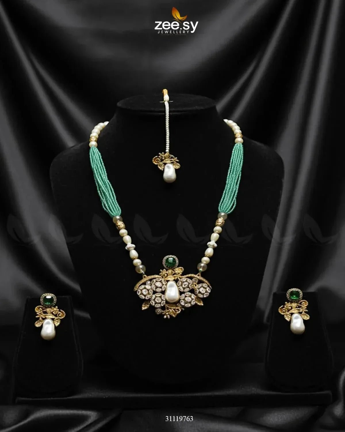 Carved Stream Malla Necklace Set Teal Malla Necklace - Zeesy Jewellery Pakistan | Premium Artificial & Imitation Jewellery
