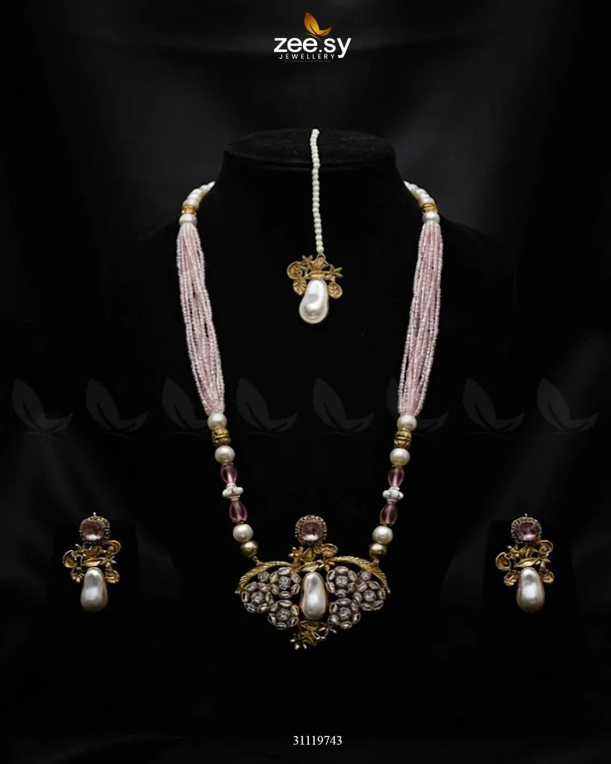 Carved Stream Malla Necklace Set Mint Pink Malla Necklace - Zeesy Jewellery Pakistan | Premium Artificial & Imitation Jewellery
